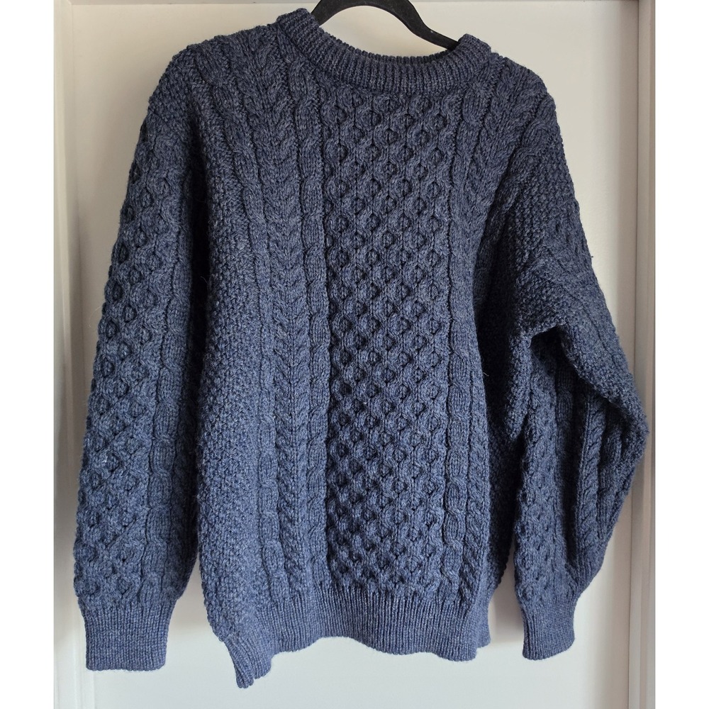 VTG John Molloy Pure Wool Cable Knit Sweater Blue Crew Neck Ireland Pullover